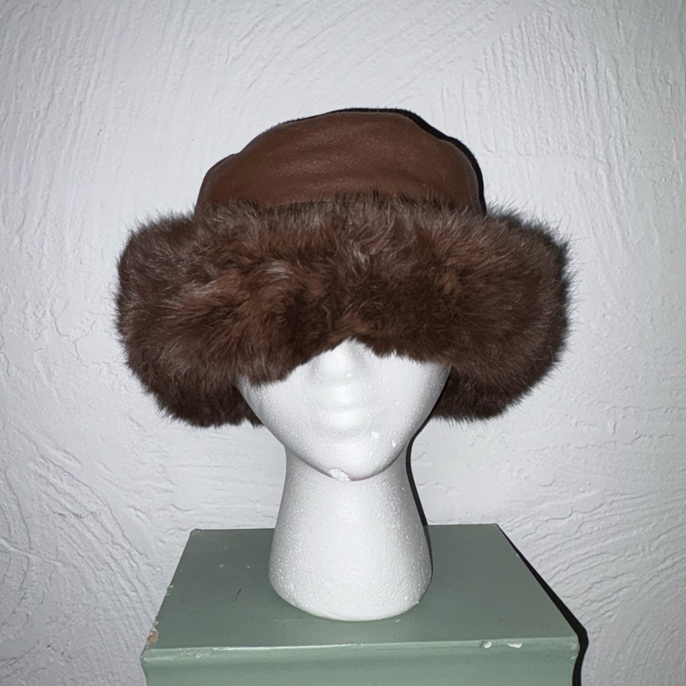 Brown Fur-Trimmed leather bucket hat